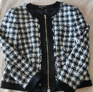 Black and White Tweed Blazer with Gold Zipper